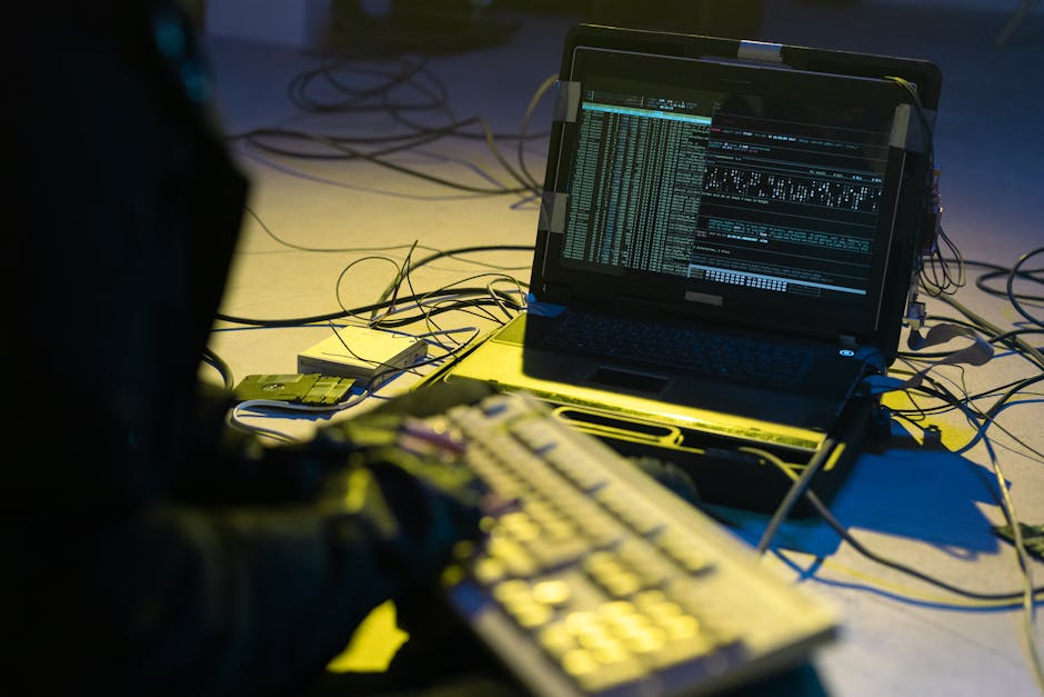A person typing on a keyboard connected to a laptop showing code, surrounded by wires.